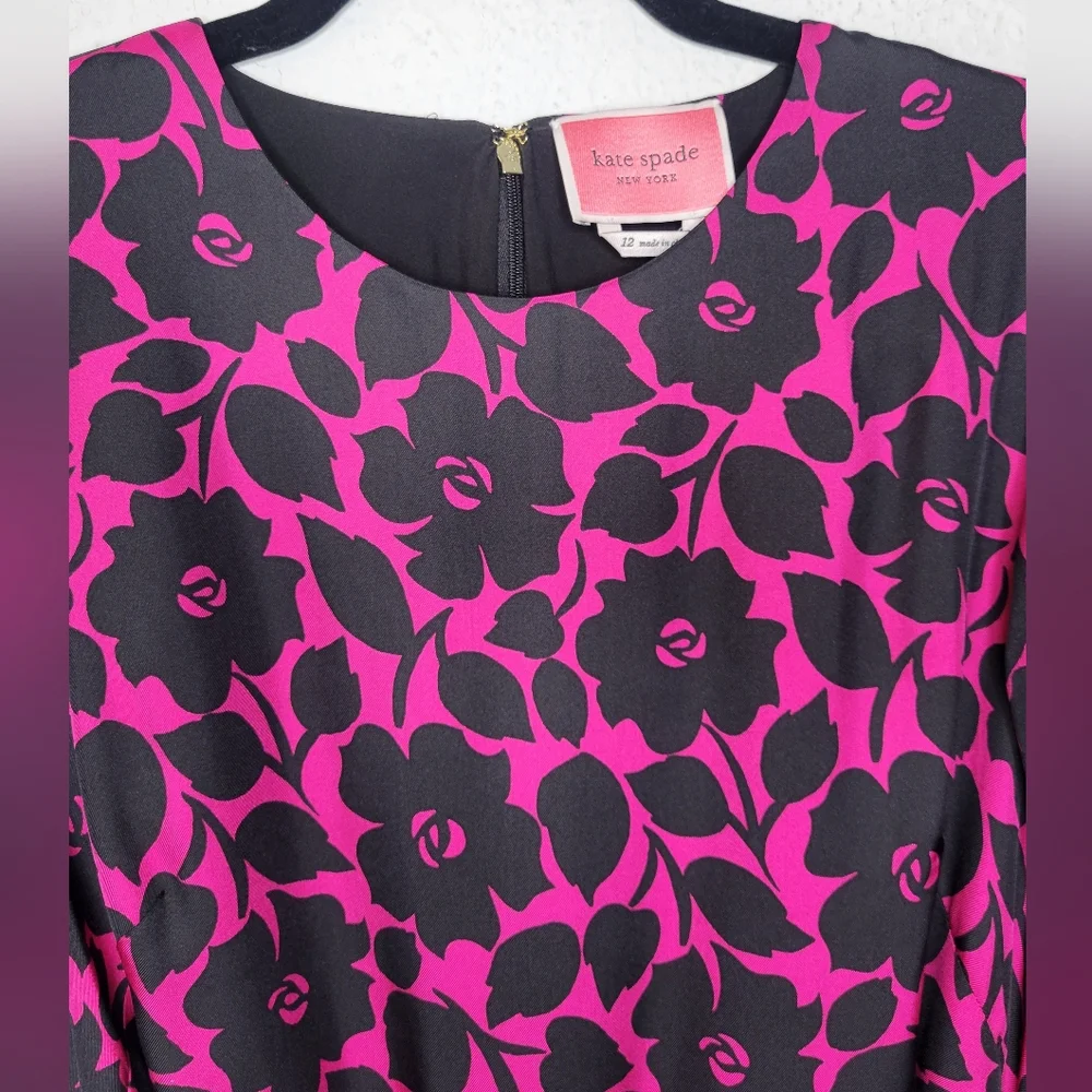 kate spade Pink and Black Floral Short Sleeve Fit-and-Flare Dress